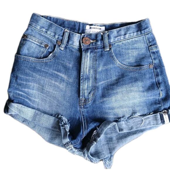 One X One Teaspoon Harlets Denim Shorts Women 26 High Rise Twisted Cuff Hem Fray - Picture 1 of 8